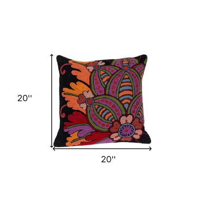 20" Black and Orange Cotton Throw Pillow With Embroidery