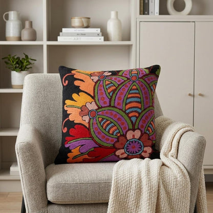 20" Black and Orange Cotton Throw Pillow With Embroidery