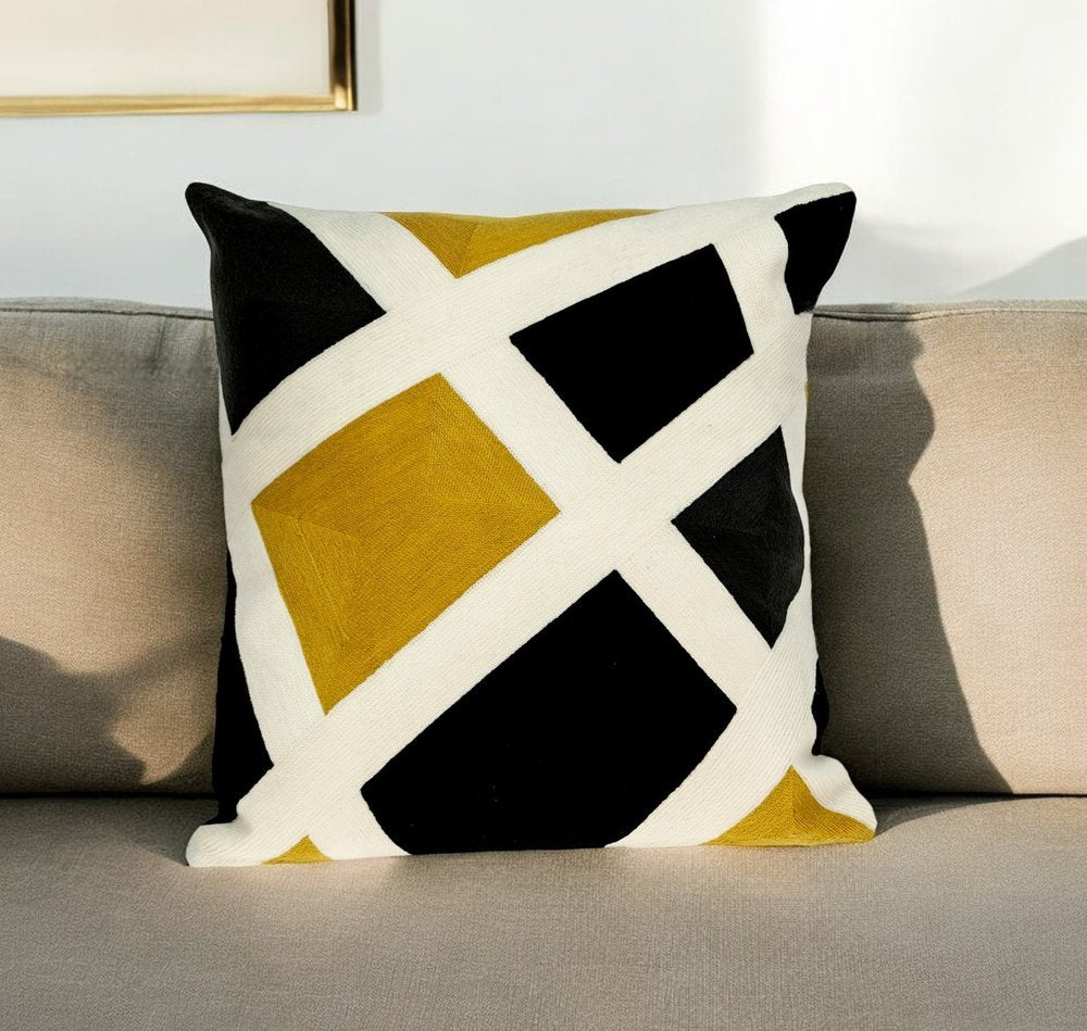20" Black White And Yellow Cotton Throw Pillow