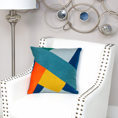 20" Blue and Yellow Geometric Cotton Throw Pillow