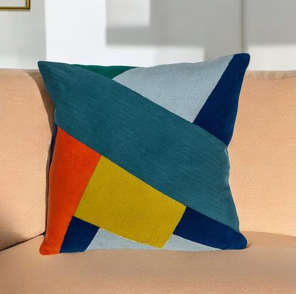 20" Blue and Yellow Geometric Cotton Throw Pillow