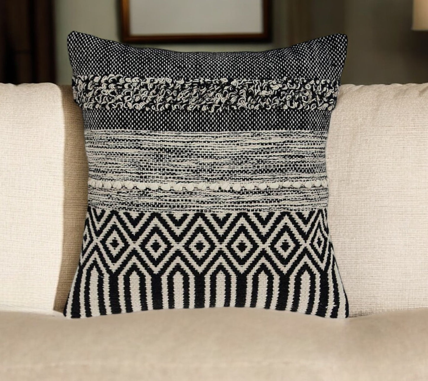 18" Beige and Black Cotton Throw Pillow With Embroidery