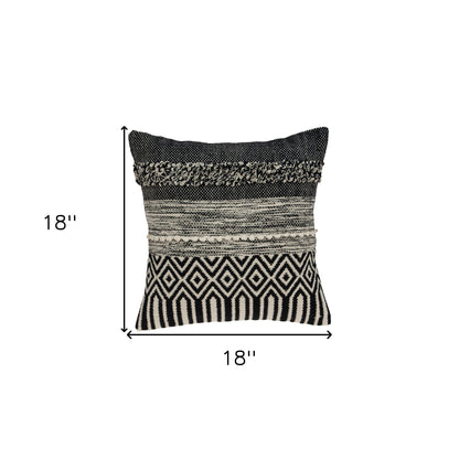 18" Beige and Black Cotton Throw Pillow With Embroidery