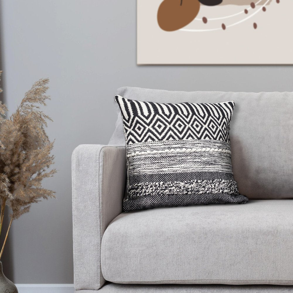 18" Beige and Black Cotton Throw Pillow With Embroidery