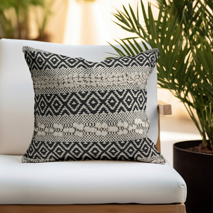 18" Beige and Black Cotton Throw Pillow With Embroidery