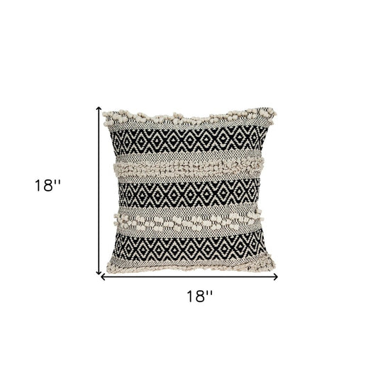 18" Beige and Black Cotton Throw Pillow With Embroidery