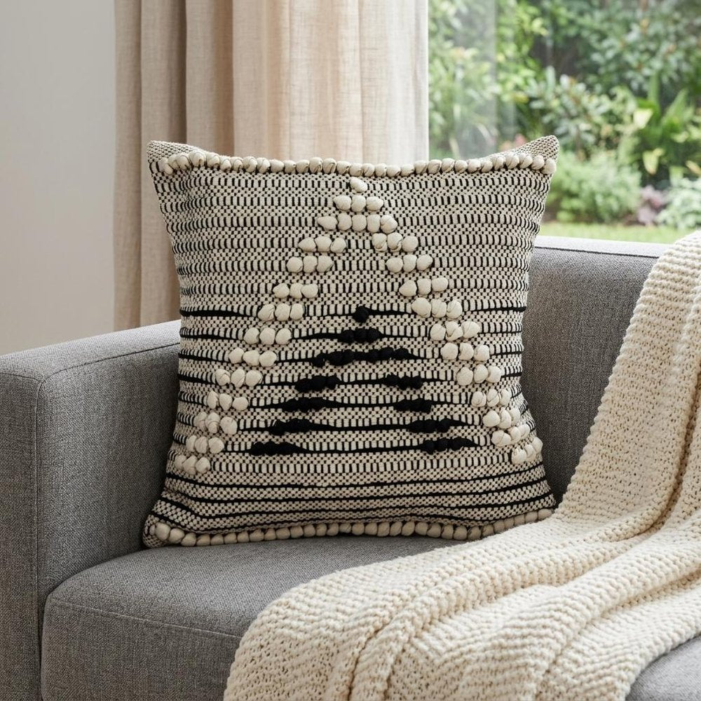 18" Beige and Black Cotton Throw Pillow With Embroidery