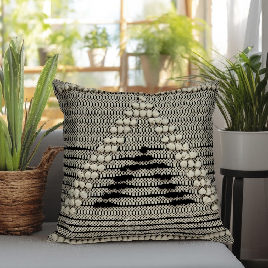 18" Beige and Black Cotton Throw Pillow With Embroidery