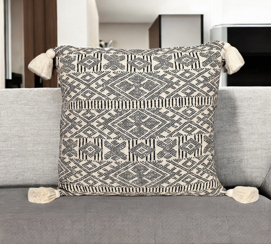 20" x 20" Black and Cream Bohemian Pattern Square Accent Throw Pillow with Tassel