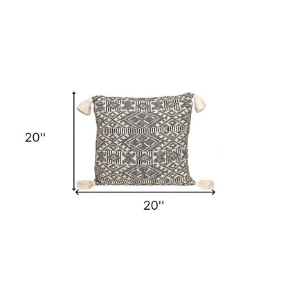 20" x 20" Black and Cream Bohemian Pattern Square Accent Throw Pillow with Tassel