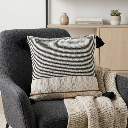20" x 20" Beige Stripe Pattern Square Accent Throw Pillow with Tassel