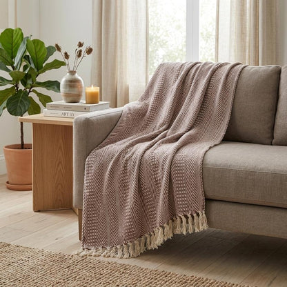 Brown and Beige Woven Herringbone Handloomed Throw