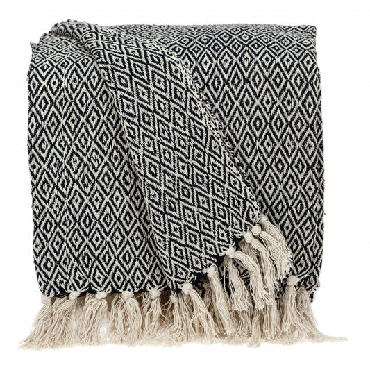 Boho Black and Beige Woven Diamond Pattern Throw with Tassels