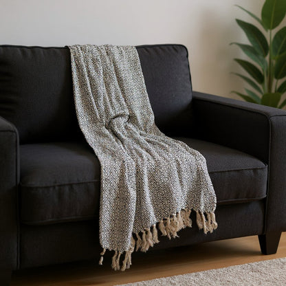 52" X 67" Black And Beige Geometric Diamond Throw Blanket with Tassels