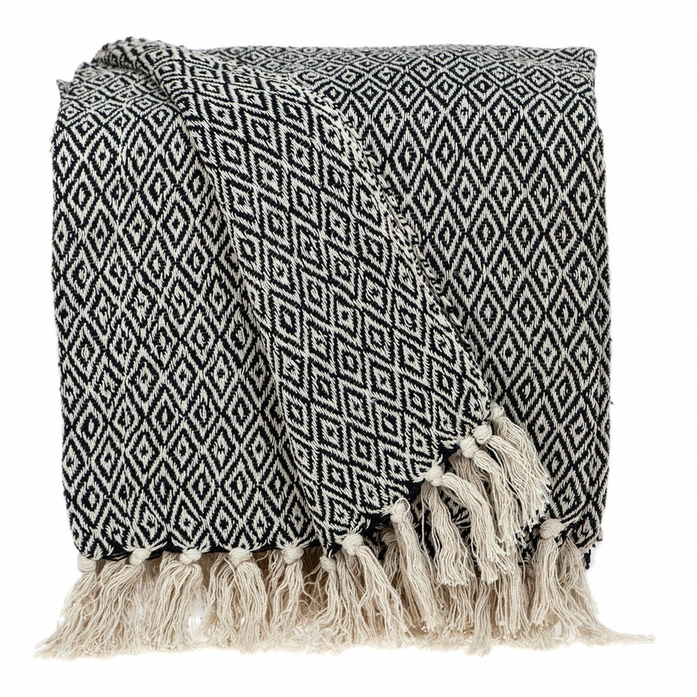 52" X 67" Black And Beige Geometric Diamond Throw Blanket with Tassels