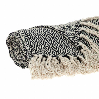 Boho Black and Beige Woven Diamond Pattern Throw with Tassels