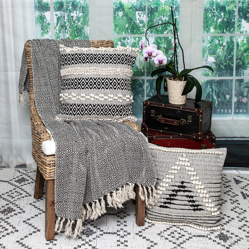 52" X 67" Black And Beige Geometric Diamond Throw Blanket with Tassels