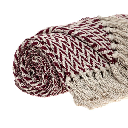 52" X 67" Burgundy And Ivory Cotton Woven Herringbone Throw Blanket with Tassels