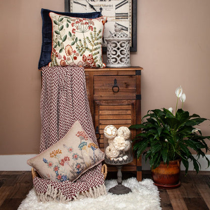 52" X 67" Burgundy And Ivory Cotton Woven Herringbone Throw Blanket with Tassels