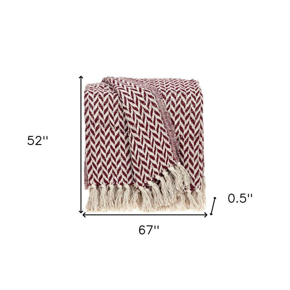 52" X 67" Burgundy And Ivory Cotton Woven Herringbone Throw Blanket with Tassels
