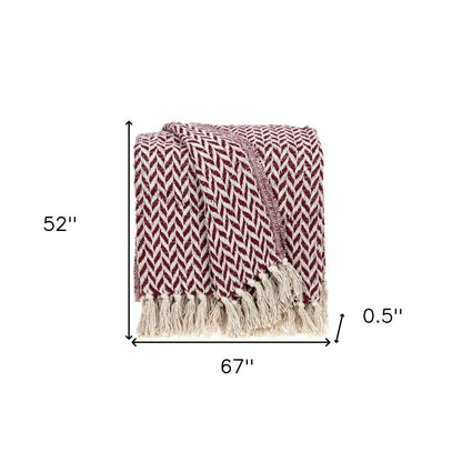 52" X 67" Burgundy And Ivory Cotton Woven Herringbone Throw Blanket with Tassels