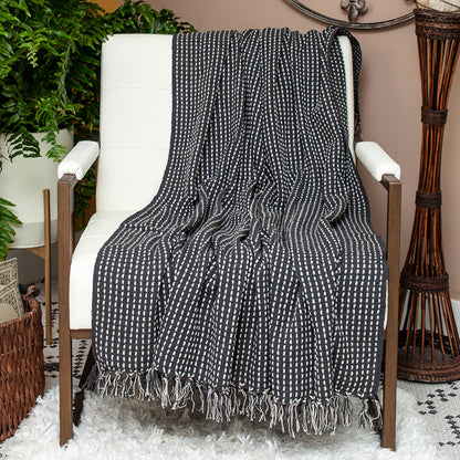 52" X 67" Black and White Woven Cotton Striped Throw Blanket with Tassels