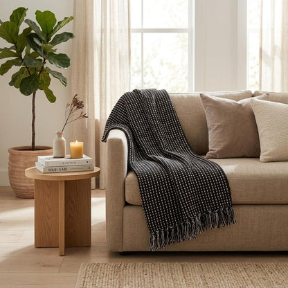 52" X 67" Black and White Woven Cotton Striped Throw Blanket with Tassels