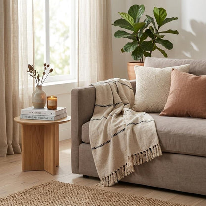 52" X 67" Beige and Black Woven Cotton Striped Throw Blanket with Tassels