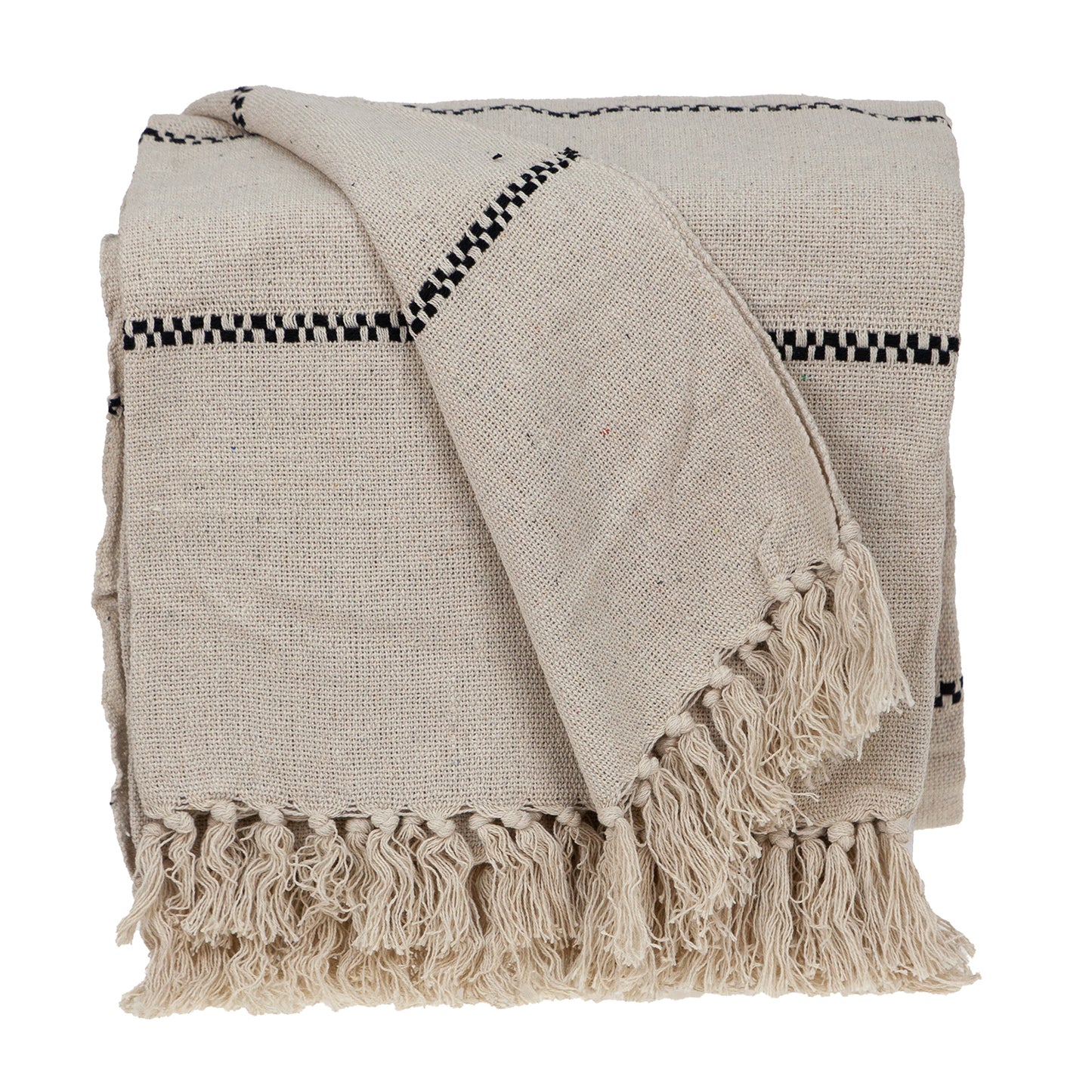 52" X 67" Beige and Black Woven Cotton Striped Throw Blanket with Tassels