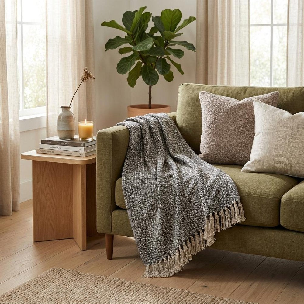 52" X 67" Beige and Black Quilted Cotton Abstract Throw Blanket