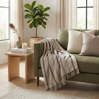 67" X 52" Beige And Taupe Cotton Woven Striped Throw Blanket with Fringe