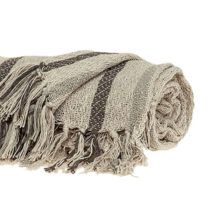 67" X 52" Beige And Taupe Cotton Woven Striped Throw Blanket with Fringe