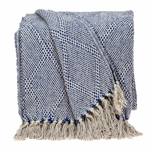 Blue and Beige Woven Handloom Throw with Tassels