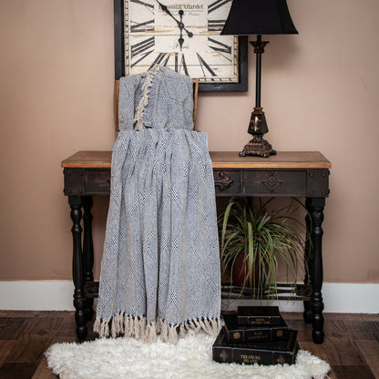 Blue and Beige Woven Handloom Throw with Tassels