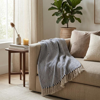Blue and Beige Woven Handloom Throw with Tassels