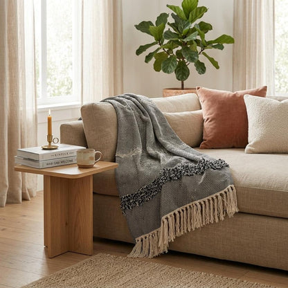 Boho Beige and Black Handloom Weave Throw with Decorative Tassels