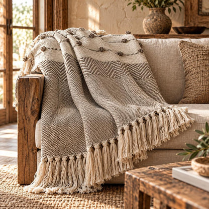 Tufted Beige Fringed Woven Handloom Throw