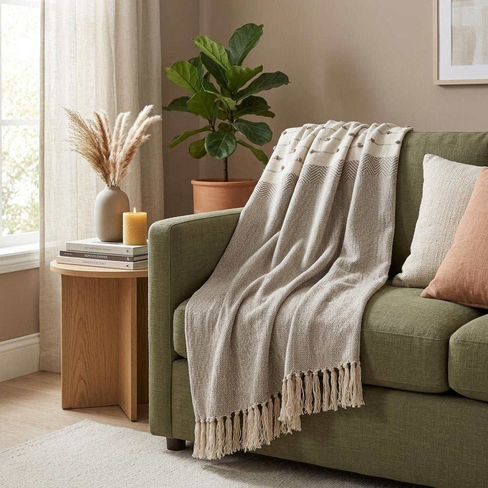 Tufted Beige Fringed Woven Handloom Throw