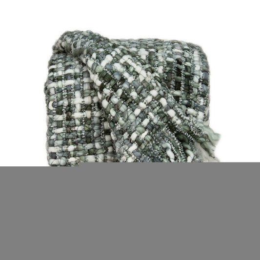 Green and White Knitted Cotton Blend Abstract Throw Blanket with Fringe