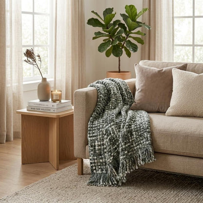 Green and White Knitted Cotton Blend Abstract Throw Blanket with Fringe