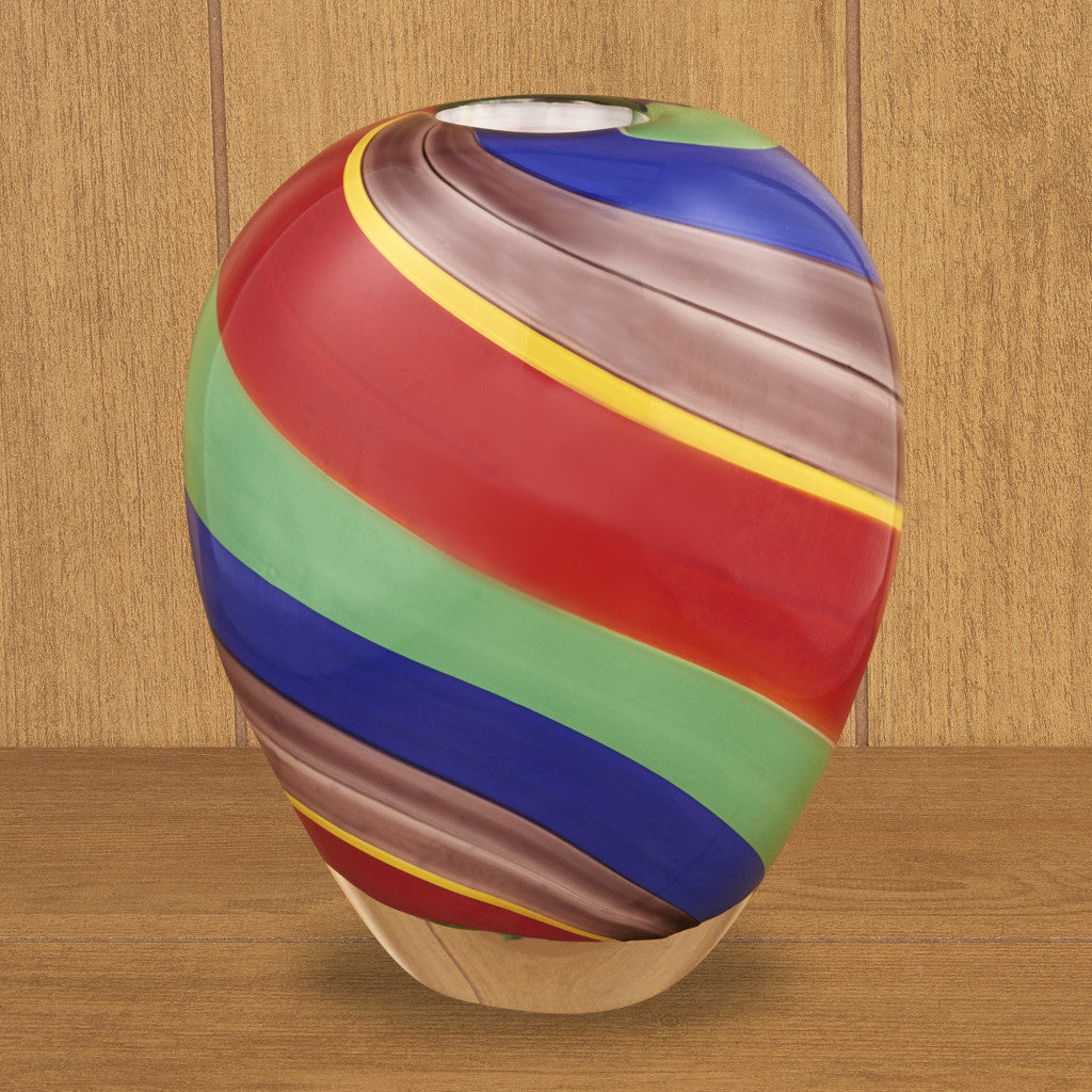 9" Red Blue and Green Striped Round Glass Table Vase