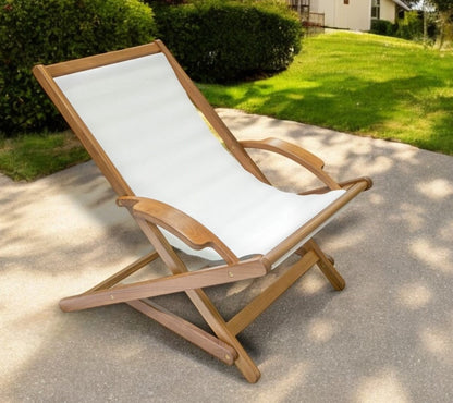 27" White and Natural Wood Solid Wood Indoor Outdoor Deck Chair