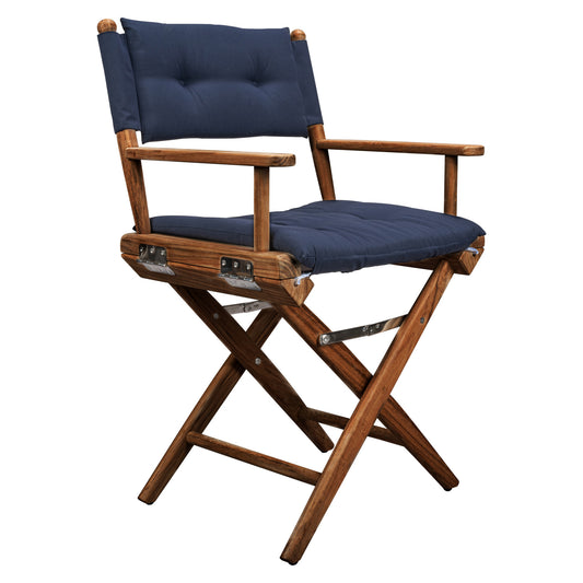 23" Navy Blue and Brown Solid Wood Indoor Outdoor Director Chair with Navy Blue Cushion