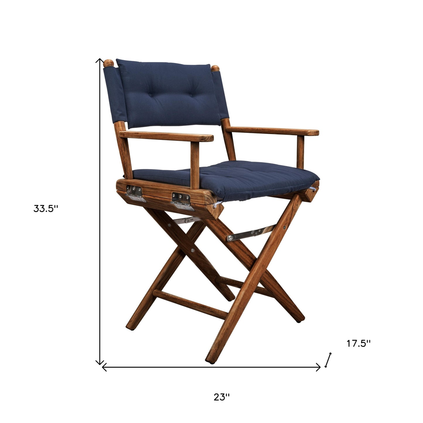 23" Navy Blue and Brown Solid Wood Indoor Outdoor Director Chair with Navy Blue Cushion