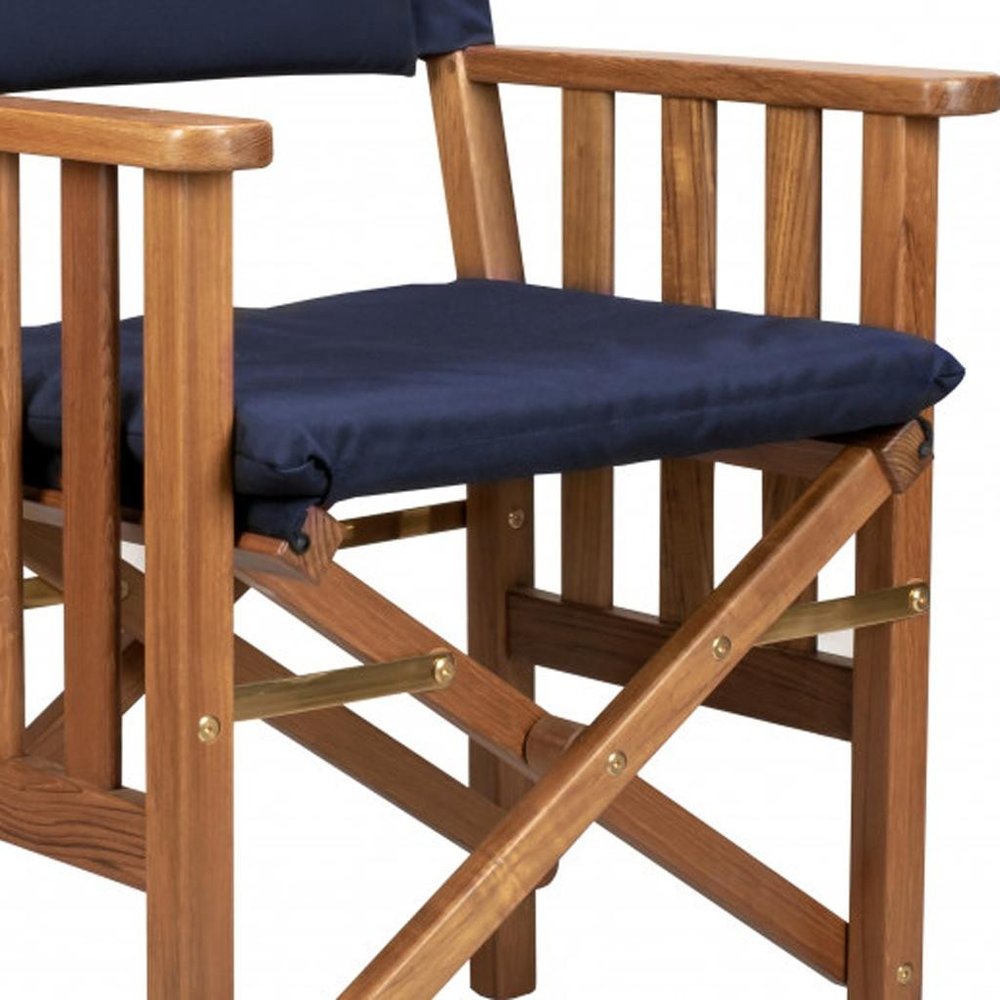 20" Navy Blue and Natural Wood Solid Wood Indoor Outdoor Director Chair with Navy Blue Cushion
