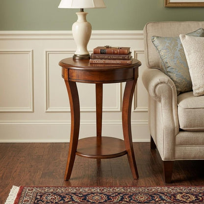 26" Brown Wood And Wood Round End Table With Shelf