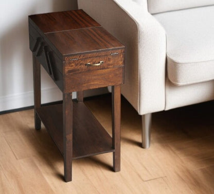 28" Dark Brown Solid Wood Rectangular End Table With Drawer And Shelf