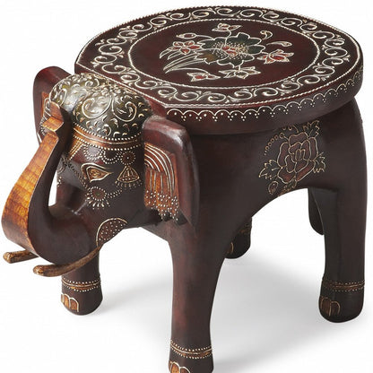 15" Brown Hand Painted Floral Three Dimensional Elephant End Table