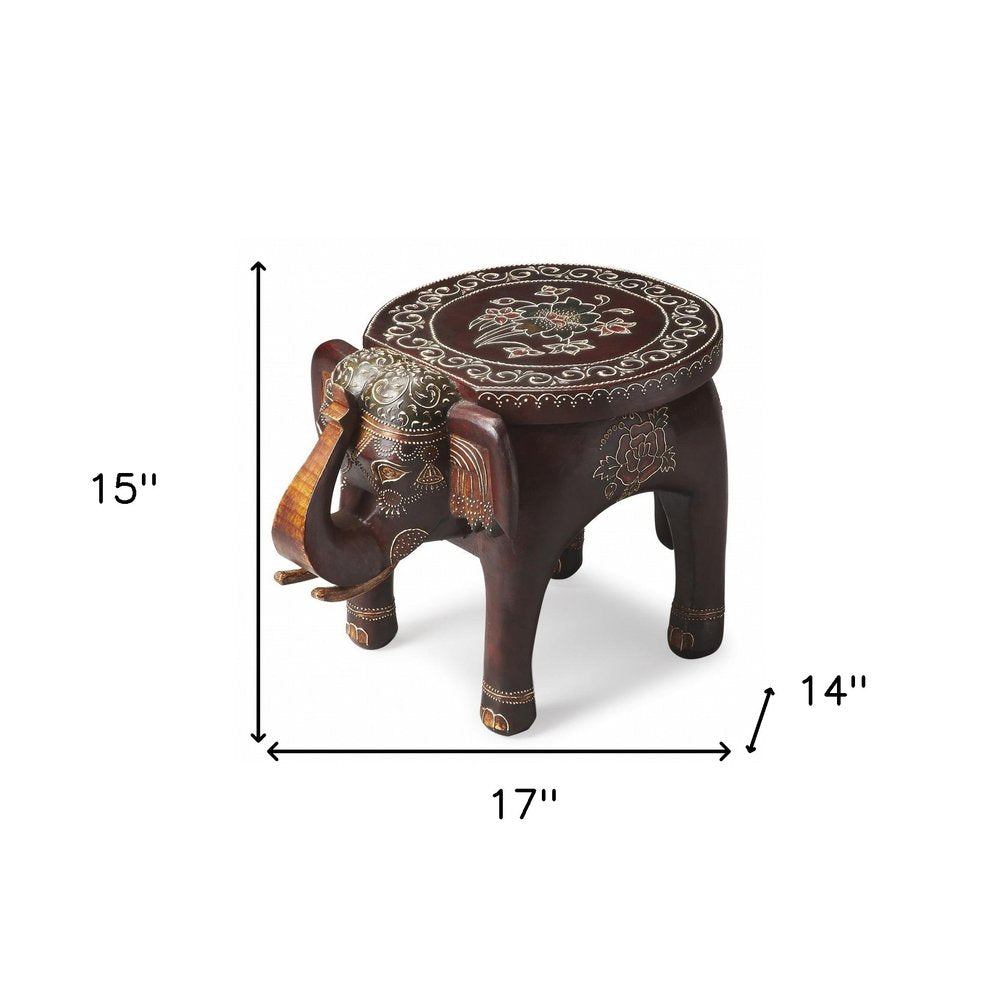 15" Brown Hand Painted Floral Three Dimensional Elephant End Table