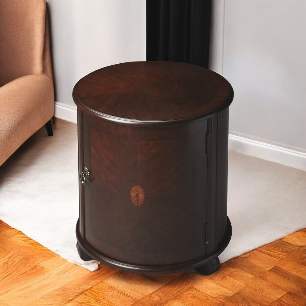 24" Dark Brown Wood Round Drum End Table